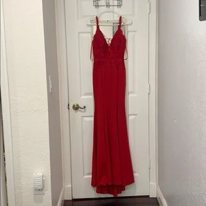 Long red dress.